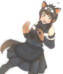  animal_ears apron artist_logo bangs bare_shoulders black_hair black_legwear black_neckwear black_shirt black_skirt bow bowtie brown_eyes brown_gloves commentary_request cowboy_shot detached_sleeves dutch_angle extra_ears eyebrows_behind_hair fur_collar gloves hands_up highres kemono_friends multicolored_hair open_mouth pantyhose shirt short_hair simple_background skirt standing swept_bangs tail tasmanian_devil_(kemono_friends) tasmanian_devil_ears tasmanian_devil_tail teeth thin_(suzuneya) trembling two-tone_hair waist_apron white_background white_hair 