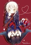  artoria_pendragon_(all) black_legwear blonde_hair blue_skirt blush closed_mouth coat dated dotted_line duffel_coat fate/grand_order fate_(series) garter_straps gift hair_between_eyes hand_up happy_valentine heart heart_of_string highres holding holding_gift incoming_gift looking_at_viewer mysterious_heroine_x_(alter) neckerchief open_clothes open_coat plaid plaid_scarf pleated_skirt red_neckwear red_scarf scarf school_uniform serafuku sidelocks sitting skirt solo thighhighs valentine wariza yellow_eyes yoruneko 