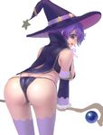  ass bent_over bikini bikini_warriors black_bikini breasts cape detached_sleeves from_behind hat herrries highres large_breasts looking_at_viewer looking_back mage_(bikini_warriors) open_mouth purple_eyes purple_hair short_hair solo staff strap_gap sweatdrop swimsuit thighhighs wavy_mouth white_background white_legwear witch_hat 
