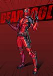  absurdres belt black_gloves bodysuit character_name deadpool full_body gloves gun highres holster kim_jin_sung male_focus marvel mask pouch solo speed_lines standing superhero thigh_gap utility_belt weapon 