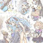  2girls animal_ears band bracer cup drang_(granblue_fantasy) erune ferry_(granblue_fantasy) fingerless_gloves gloves granblue_fantasy guitar hat hoshikuzushi instrument long_hair mini_hat mini_top_hat multiple_girls shorts sierokarte sora_no_michishirube tea_set teacup teapot top_hat wavy_hair 