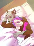  anthro bed canine clothed clothing dinosaur duo eamart eyes_closed female hair hug lying male male/female mammal nude on_side pillow raptor theropod 