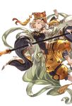  alpha_transparency apsaras_(granblue_fantasy) blonde_hair bridal_gauntlets brown_eyes detached_sleeves djeeta_(granblue_fantasy) floating full_body granblue_fantasy hat leotard looking_at_viewer minaba_hideo official_art parted_lips puffy_pants see-through shoes short_hair smile solo staff transparent_background 