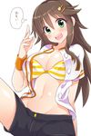  bikini bikini_top blush breasts brown_hair cleavage green_eyes hair_between_eyes hair_ornament hairclip himekawa_yuki idolmaster idolmaster_cinderella_girls large_breasts long_hair looking_at_viewer mio_(mgr300) navel open_clothes open_mouth open_shirt shirt shorts simple_background smile solo stomach striped striped_bikini sweatdrop swimsuit thought_bubble translated white_background wristband 