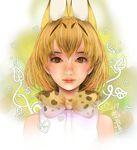  2017 animal_ears artist_name bare_shoulders blonde_hair blush bow bowtie brown_eyes closed_mouth extra_ears heart kazaana kemono_friends light_smile number plant realistic serval_(kemono_friends) serval_ears shirt signature solo upper_body vines white_shirt 