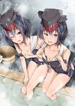  asymmetrical_hair bare_shoulders black_hair breasts brown_eyes cleavage covering covering_breasts damaged from_above gloves hair_between_eyes hat headphones highres i-13_(kantai_collection) i-14_(kantai_collection) kantai_collection looking_at_viewer looking_up medium_breasts multiple_girls onsen open_mouth partly_fingerless_gloves sailor_collar school_swimsuit sezoku short_hair small_breasts swimsuit torn_clothes torn_swimsuit tsurime 