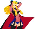  1girl ahoge aliasing arms_behind_head blonde_hair bodysuit breasts cape clothed_navel cosplay covered_navel cowboy_shot curly_hair drill_hair garter_straps gauntlets kanzuki_karin pixel_art power_armor simple_background solo street_fighter street_fighter_zero_3 thighhighs warner yellow_eyes 