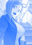  :d bag blue breasts commentary escalator getsuyoubi_no_tawawa himura_kiseki jacket kouhai-chan_(tawawa) large_breasts mole mole_under_eye monochrome open_mouth short_hair smile 