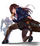  bag bangs black_footwear blue_eyes blush brown_hair commentary_request enpera floating_hair food food_in_mouth gun hair_between_eyes highres holding holding_bag holding_food holding_gun holding_weapon late_for_school loafers long_hair looking_at_viewer looking_back mecha mouth_hold one_knee original panties panties_under_pantyhose pantyhose pantyshot pantyshot_(one_knee) scarf school_uniform science_fiction shadow shoes simple_background solo tadano_magu teeth thighband_pantyhose thighs toast toast_in_mouth underwear upskirt weapon white_background white_panties white_scarf 