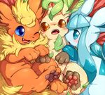  2017 3_toes amber_eyes ambiguous_gender big_eyes blue_eyes blue_skin eeveelution fangs fur glaceon gloves_(marking) group happy leafeon lying mako_mickt markings neck_tuft nintendo on_back one_eye_closed open_mouth pawpads paws pok&eacute;mon red_fur socks_(marking) tan_fur teeth toes tuft video_games yellow_fur 