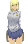  arms_behind_back bag bangs blonde_hair blue_skirt breasts closed_mouth cowboy_shot dark_skin eyebrows_visible_through_hair grey_sweater hair_between_eyes highres holding holding_bag large_breasts looking_to_the_side manabebebe original pleated_skirt school_uniform simple_background sketch skirt solo sweater thighs white_background yellow_eyes 