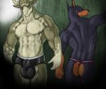  animal_genitalia anthro avias_(artist) bovine butt canine cattle doberman dog duo fully_sheathed huge_bulge looking_at_viewer male mammal muscular sheath sketch standing 