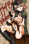  1girl blonde_hair blue_eyes brick_wall chocolate chocolate_heart feet flat_chest graffiti grin hal_(goshujinomocha) heart highres image_sample iron_cross military military_uniform no_bra pov_feet single_shoe smile soles tanya_degurechaff toes uniform valentine youjo_senki 