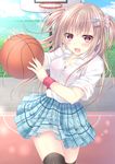  :3 :d aqua_skirt bad_id bad_pixiv_id bangs basketball basketball_court basketball_hoop black_legwear blonde_hair blue_sky blurry blush bra breasts cleavage cloud cloudy_sky collarbone commentary_request day depth_of_field eyebrows_visible_through_hair fang hair_ornament hair_scrunchie hairclip highres holding kohinata_hoshimi long_hair looking_at_viewer medium_breasts moe2017 open_mouth original outdoors partially_unbuttoned pink_bra plaid plaid_skirt pleated_skirt red_eyes running school_uniform scrunchie see-through shirt skirt sky sleeves_rolled_up smile solo star star_hair_ornament thighhighs two_side_up underwear white_shirt wristband 