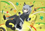  :o animal_ears binturong_(kemono_friends) binturong_ears binturong_tail black_gloves black_hair black_legwear black_shirt blush blush_stickers breasts brown_footwear coin commentary_request confetti dot_nose eyebrows_visible_through_hair eyelashes full_body fur-trimmed_sleeves fur_trim gloves grey_hair grey_ribbon grey_skirt hair_ornament hair_ribbon japari_coin jar kanemaru_(knmr_fd) kemono_friends knees_together_feet_apart light_brown_eyes loafers long_sleeves looking_away multicolored_hair neck_ribbon official_art open_mouth pantyhose pleated_skirt ribbon romaji shirt shoes short_hair sidelocks skirt small_breasts socks socks_over_pantyhose solo star streamers surprised tail tareme treasure_chest tress_ribbon white_ribbon wide-eyed 
