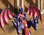  2016 anus butt claws cynder dragon female feral green_eyes horn howling-strawberries humanoid_pussy looking_at_viewer lying membranous_wings nude on_back purple_scales pussy red_membrane red_scales scales scalie shadow solo spyro_the_dragon toe_claws video_games white_horn wings 