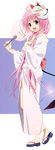  absurdres ahoge cropped highres japanese_clothes kimono lala_satalin_deviluke long_hair mask mask_on_head obi official_art open_mouth pink_hair sandals sash smile solo standing tail to_love-ru to_love-ru_darkness very_long_hair 