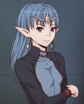  :| blue_eyes blue_hair closed_mouth crossed_arms earrings expressionless grey_background headpiece jewelry lafiel long_hair miura-n315 pointy_ears seikai_no_monshou seikai_no_senki solo upper_body 