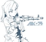  air_glen ak-74m assault_rifle gloves gun handgun highres lineart monochrome original pistol ponytail rifle simple_background weapon white_background 