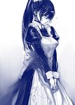  apron breasts ikuhana_niiro large_breasts long_hair maid maid_apron monochrome original ponytail solo 