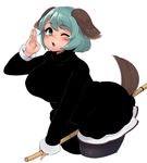  ;o animal_ears bamboo_broom black_legwear blush breasts broom dress green_eyes green_hair highres kasodani_kyouko large_breasts long_sleeves one_eye_closed oozon_(ozon) open_mouth pantyhose plump short_dress simple_background solo tail touhou 