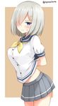  arm_behind_back blue_eyes blush breasts brown_background chaa_(korone-ze) closed_mouth embarrassed from_side grey_skirt hair_ornament hair_over_one_eye hairclip hamakaze_(kantai_collection) highres kantai_collection large_breasts looking_at_viewer midriff no_legwear outside_border pleated_skirt school_uniform serafuku short_hair silver_hair skirt solo striped striped_skirt sweatdrop twitter_username 