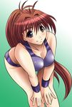  1girl bare_legs bare_shoulders blush boots breasts brown_eyes brown_hair cleavage digdug006 long_hair looking_at_viewer nagahara_chizuru ponytail simple_backgrond smile solo sports_bikini thighs underwear wrestle_angels wrestle_angels_survivor wrestling_outfit wrestling_ring 