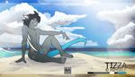  anthro avias_(artist) beach black_hair black_skin blue_eyes blue_penis blue_skin blue_tail claws cloud detailed_background english_text flaccid grin hair horn looking_at_viewer male nude outside penis penis_base scalie sea seaside sitting sky smile solo spikes text water white_skin 