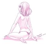  2016 artist_name ass bangs barefoot bed_sheet breasts closed_mouth dated dimples_of_venus from_behind full_body lineart medium_breasts monochrome original profile purple shoulder_blades signature sitting solo tenjou_tsuki thong topless wariza 