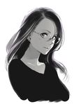  absurdres black_shirt commentary_request earrings eyelashes glasses greyscale highres jewelry lips long_hair looking_at_viewer monochrome multiple_earrings original poaro rimless_eyewear shirt simple_background solo stud_earrings upper_body white_background 