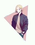  acca_13-ku_kansatsu-ka artist_name beige_background blonde_hair blue_eyes character_name copyright_name delight_hsia highres jacket male_focus rail_(acca) simple_background solo watch 