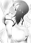  ass ass_support bangs blush bow bow_bra bra from_behind full-face_blush gensokigou girls_und_panzer greyscale long_hair monochrome nonna panties panty_pull parted_lips skindentation solo standing swept_bangs underwear underwear_only 