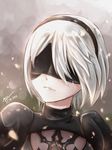  black_blindfold black_dress black_hairband blindfold closed_mouth dress face facing_away hairband juliet_sleeves llws long_sleeves mole mole_under_mouth nier_(series) nier_automata puffy_sleeves short_hair silver_hair solo turtleneck yorha_no._2_type_b 