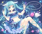  :3 :d abs animal_ears aqua_hair aqua_ribbon bandeau bangs bead_bracelet beads blue_eyes blue_skirt blush bracelet breasts bunny_ears candy commentary_request eyebrows_visible_through_hair food frilled_skirt frills halter_top halterneck hands_up high_heels jewelry knees_together_feet_apart kohinata_hoshimi leg_ribbon lollipop long_hair looking_at_viewer medium_breasts midriff navel open_mouth original ribbon skirt smile solo star starry_background starry_sky_print twintails v 
