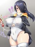  1girl after_paizuri bird_tail black_hair blush breasts cleavage_cutout commentary_request covered_navel covered_nipples cowboy_shot cum cum_string curvy earmuffs emperor_penguin_(kemono_friends) flaccid futoshi hair_over_one_eye heavy_breathing hetero highleg highleg_leotard hood hood_down hoodie kemono_friends large_breasts leotard long_hair long_sleeves multicolored_hair nose_blush open_clothes open_hoodie orange_hair paizuri paizuri_under_clothes penis solo_focus streaked_hair thighhighs underboob_cutout white_legwear white_leotard 