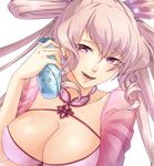  aqua_nails arms_at_sides bangs bra breasts cleavage close-up collarbone cup dong_zhuo eyebrows_visible_through_hair flask front-tie_top genderswap genderswap_(mtf) hair_between_eyes hand_up holding holding_cup large_breasts light_brown_hair long_hair looking_at_viewer nail_polish open_mouth original pink_bra purple_eyes see-through smile solo teeth tenjou_tsuki tied_hair underwear upper_body 