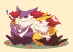  &lt;3 2017 3_toes black_fur blush braixen duo eyes_closed fluffy fluffy_tail fur gift inner_ear_fluff neck_tuft nintendo pawpads paws pok&eacute;mon purple_fur red_fur ribbons shiny_pok&eacute;mon simple_background sitting smile stick subaru331 toes tuft video_games white_fur 