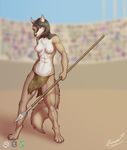  2017 anthro areola breasts canine clothed clothing female fur hair hi_res holding_object holding_weapon mammal melee_weapon muscular nipples reaper3d simple_background solo topless weapon 