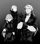  astolfo_(fate) beard facial_hair fate/apocrypha fate_(series) formal gloves greyscale looking_at_viewer male_focus mine_(odasol) monochrome multiple_boys ponytail scar siegfried_(fate) simple_background smile suit vlad_iii_(fate/apocrypha) 