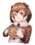  :t blush brown_eyes commentary_request eating eurasian_eagle_owl_(kemono_friends) food food_on_face hamburger head_wings highres holding jacket kemono_friends light_brown_hair long_sleeves nuwara_eliya short_hair simple_background smile solo 