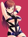  armpits arms_up blush bondage_outfit breasts brown_eyes brown_hair commentary_request highres hot_limit idolmaster idolmaster_cinderella_girls kurorettsu large_breasts long_hair looking_at_viewer nitta_minami parody red_background smile solo t.m.revolution 