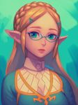  bangs bellhenge bespectacled blonde_hair blue-framed_eyewear blue_eyes braid french_braid glasses lips long_hair nose open_mouth parted_bangs pointy_ears princess_zelda simple_background solo the_legend_of_zelda the_legend_of_zelda:_breath_of_the_wild thick_eyebrows 