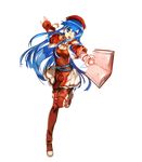  blue_eyes blue_hair book boots bunbun capelet dress fire_emblem fire_emblem:_fuuin_no_tsurugi fire_emblem_heroes full_body gloves hat highres holding holding_book leg_up lilina long_hair official_art open_mouth pantyhose pleated_skirt red_footwear red_legwear short_sleeves skirt solo thigh_boots thighhighs transparent_background 