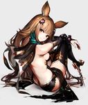  animal_ears bangs black_gloves black_legwear breasts brown_eyes brown_hair butt_crack cape erune full_body gloves granblue_fantasy grey_background hair_ornament highres long_hair looking_at_viewer looking_back medium_breasts metera_(granblue_fantasy) mole mole_under_mouth oyu_(sijimisizimi) sideboob simple_background sitting smile solo spikes thighhighs 