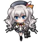  binoculars black_legwear blue_eyes chibi commentary_request curly_hair epaulettes gloves holding kantai_collection kashima_(kantai_collection) kneehighs long_hair looking_at_viewer machinery pleated_skirt sanari_(quarter_iceshop) silver_eyes simple_background skirt smile solo turret twintails white_background white_gloves 