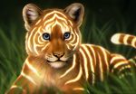  2016 blue_eyes chiakiro closed_mouth commentary cub deviantart_username english_commentary face glowing lying no_humans on_stomach original solo tiger watermark web_address whiskers 