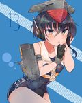  asymmetrical_hair black_hair blue_background brown_eyes framed_breasts gloves hair_between_eyes headphones i-13_(kantai_collection) itomugi-kun kantai_collection leaning_forward looking_at_viewer machinery partly_fingerless_gloves sailor_collar school_swimsuit short_hair single_glove swimsuit 