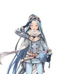  belt blue_hair closed_eyes gloves goggles goggles_on_head granblue_fantasy helmet holding jacket long_hair lyria_(granblue_fantasy) minaba_hideo official_art open_mouth racing_suit salute scarf smile solo transparent_background very_long_hair white_scarf 