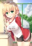  bangs bike_shorts blonde_hair blush breasts cloud commentary_request cowboy_shot day fence green_eyes gym_uniform hair_ornament jacket large_breasts leaning_forward looking_at_viewer moe2017 name_tag open_clothes open_jacket open_track_jacket original pulled_by_self shikitani_asuka shirt_pull solo sweat tongue tongue_out x_hair_ornament 
