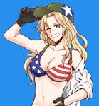  american_flag american_flag_bikini baseball_cap bikini bikini_top black_gloves blonde_hair blue_background blue_eyes breasts flag_print girls_und_panzer gloves green_hat grin hand_on_hip hat kay_(girls_und_panzer) large_breasts long_hair looking_at_viewer mutsu_(layergreen) navel off_shoulder one_eye_closed print_bikini_top shirt simple_background sleeves_rolled_up smile solo star swimsuit upper_body white_shirt 